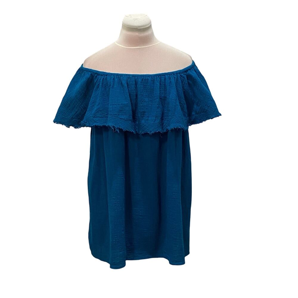EASEL Double Gauze Teal Off  On Shoulder Mini Dress Tunic Cover Up SMALL Pockets